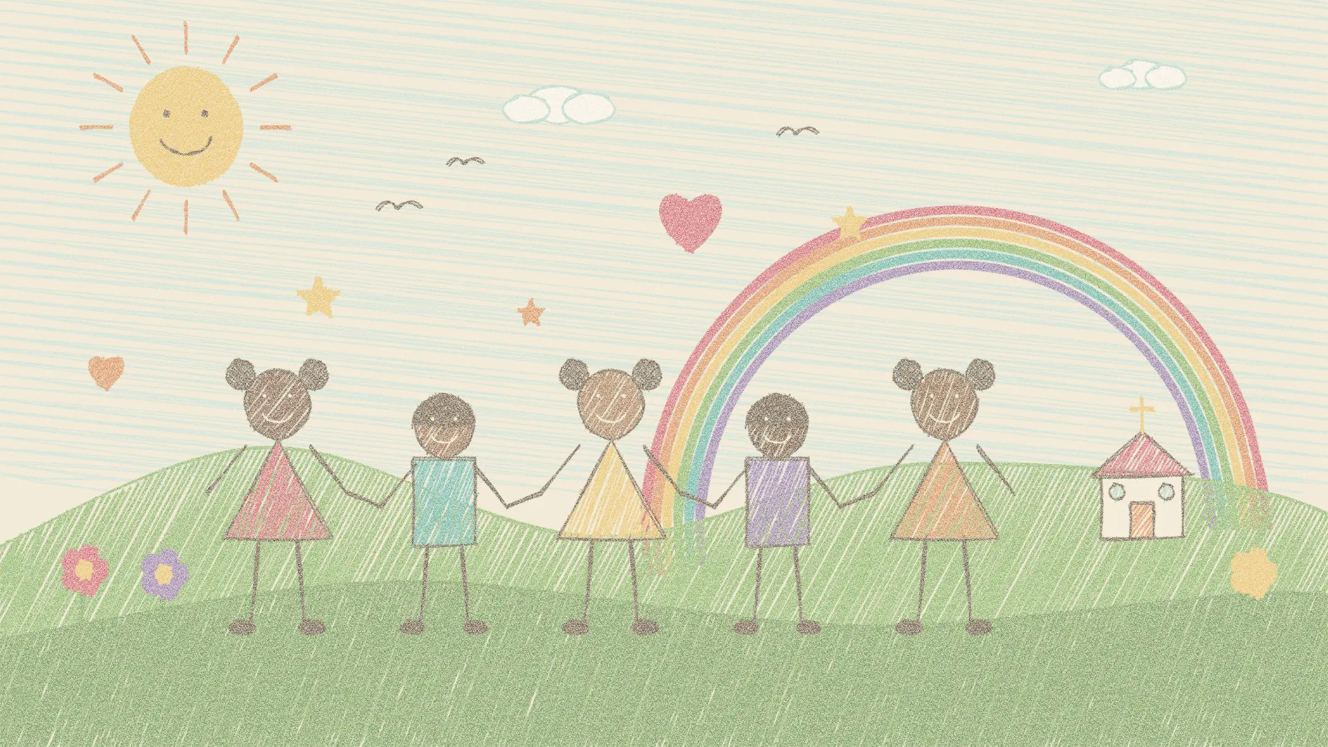 A coloured-pencil drawing of children holding hands under a rainbow, beside a little church